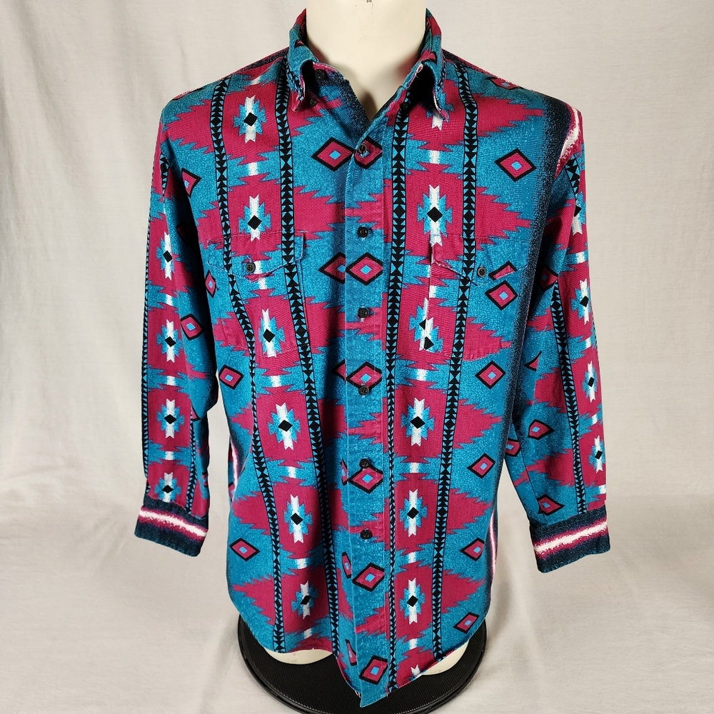 Karman Burgundy & Teal Southwestern Men's Shirt (Large)
